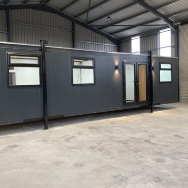 36ft x 10ft Portable Cabin Purpose Built Office, used as a car sales office with entrance lobby and separate toilet and kitchen facilities