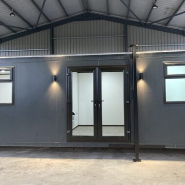 36ft x 10ft Portable Cabin Purpose Built Office, used as a car sales office with entrance lobby and separate toilet and kitchen facilities