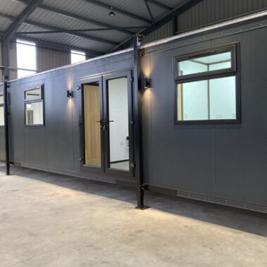 36ft x 10ft Portable Cabin Purpose Built Office, used as a car sales office with entrance lobby and separate toilet and kitchen facilities