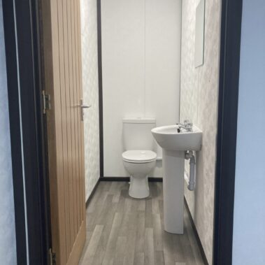 36ft x 10ft Portable Cabin Purpose Built Office, used as a car sales office with entrance lobby and separate toilet and kitchen facilities