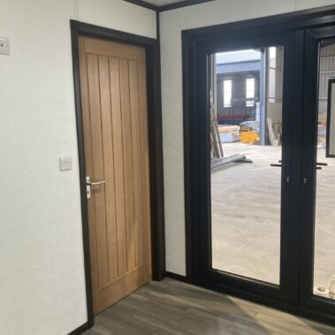 36ft x 10ft Portable Cabin Purpose Built Office, used as a car sales office with entrance lobby and separate toilet and kitchen facilities
