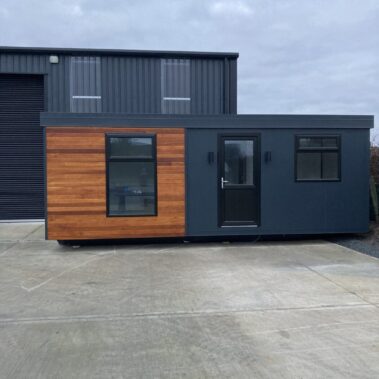 24ft x 12ft Cabin Built on Steel Chassi with Full Antricite Walls with Cedar Clad Feature Panel and Mono Pitch Roof