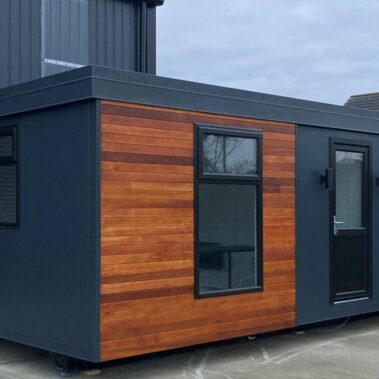 24ft x 12ft Cabin Built on Steel Chassi with Full Antricite Walls with Cedar Clad Feature Panel and Mono Pitch Roof