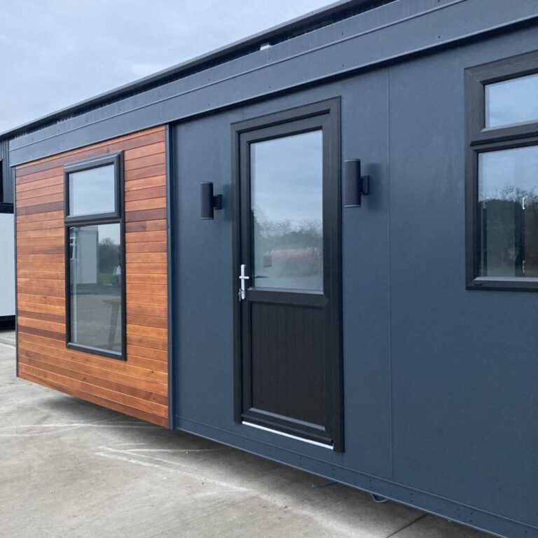 24ft x 12ft Cabin Built on Steel Chassi with Full Antricite Walls with Cedar Clad Feature Panel and Mono Pitch Roof 24ft x 12ft Cabin Built on Steel Chassi with Full Antricite Walls with Cedar Clad Feature Panel and Mono Pitch Roof